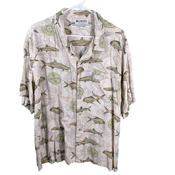 Columbia Button Down Shirt Men's Large Fish Nautical Short Sleeve Rayon - Picture 1 of 10